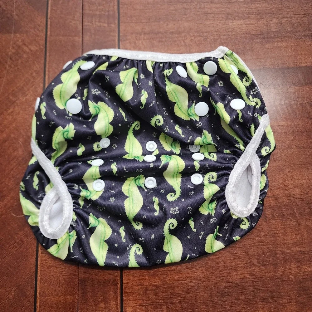 Langsprit Swim Diaper Kids Large Black Green Seahorse Reusable Cloth Snap Pool